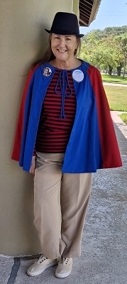 Sherry R cosplaying as Village person from The Prisoner, front view