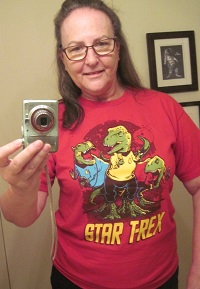 Sherry R wearing Star T-Rex shirt designed by Captain RibMan