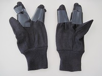 gloves with duct tape holding fingers in Vulcan salute